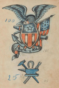 Artist in the United States - Tattoo flash book (shield insignia and anvil), about 1890