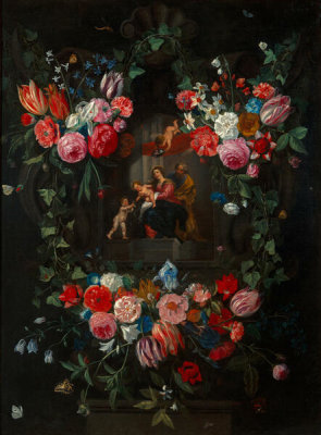 Jan van Kessel I - A Wreath of Flowers Surrounding a Cartouche with the Holy Family, about 1660