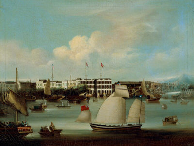 Artist in China - View of foreign factories at Canton, before 1850
