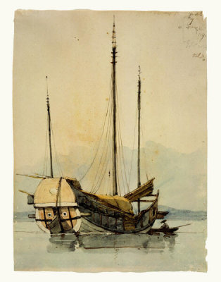George Chinnery - Junk in Inner Harbor, Macau, 1837
